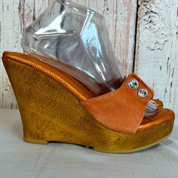 Bridget Shoes - Bridget Glitz Wood Leather Rhinestone Platform Slide Wedge High Heel SZ 10 EUC